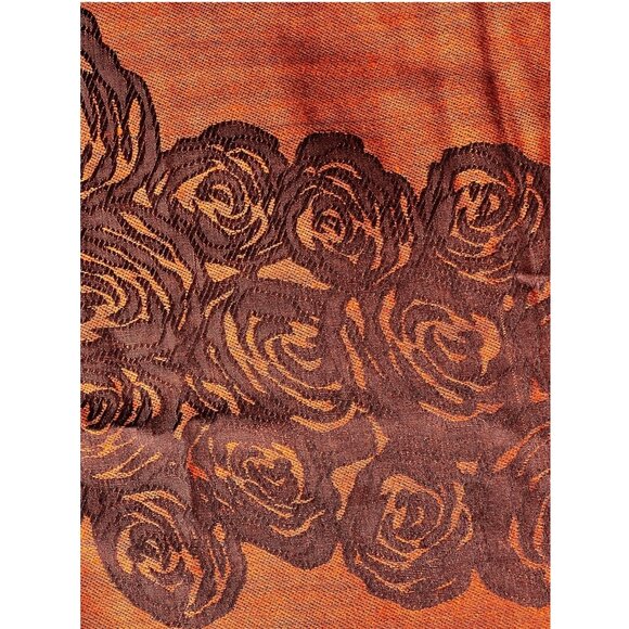 100% Cashmere Rox Scarf With Rose Pattern 27"x71" &  3" Fringe Orange Brown - Picture 6 of 10